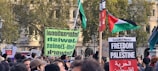 A crowd gathered in a protest or demonstration. Several people are holding signs, the most prominent of which reads 'Socialist Worker Freedom for Palestine' and another that says 'International Jewish Anti-Zionist Network.' There are multiple flags with red, green, white, and black colors. The background shows trees and a large building.