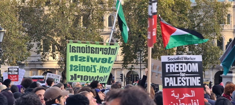 A crowd gathered in a protest or demonstration. Several people are holding signs, the most prominent of which reads 'Socialist Worker Freedom for Palestine' and another that says 'International Jewish Anti-Zionist Network.' There are multiple flags with red, green, white, and black colors. The background shows trees and a large building.