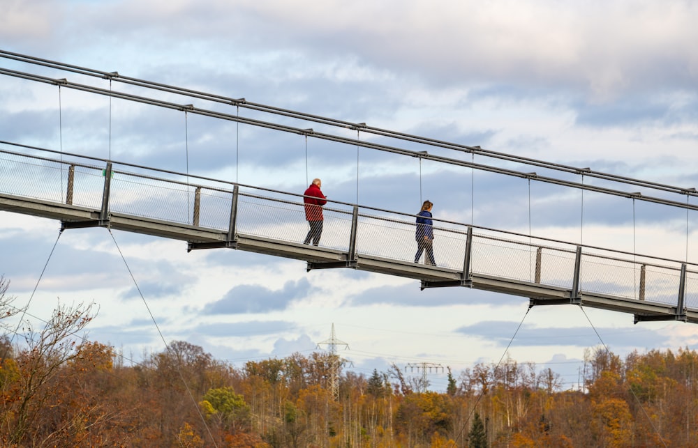 a couple of people walking across a bridge