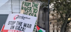 Protest signs are being held up in an outdoor setting with a background of trees and buildings. The signs include messages calling for an end to the conflict in Gaza and supporting a particular political stance.