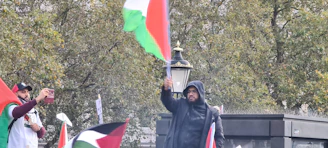 A vibrant group of Nigerian diaspora members waving green and white flags at a community rally in London.