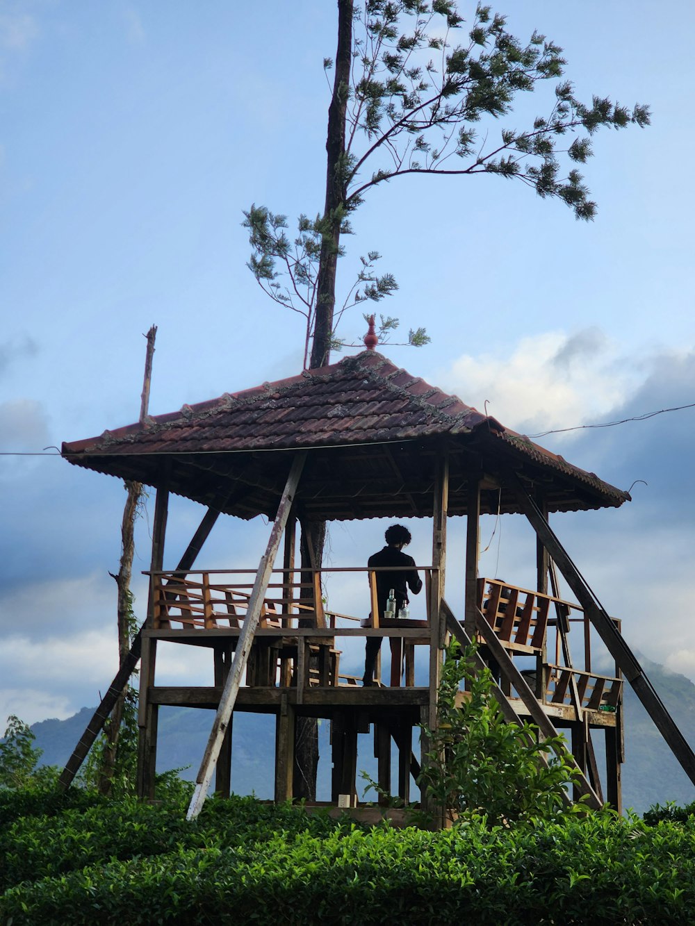 un homme debout au sommet d’une structure en bois