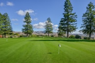 A scenic view of a golf course with multiple target holes visible.