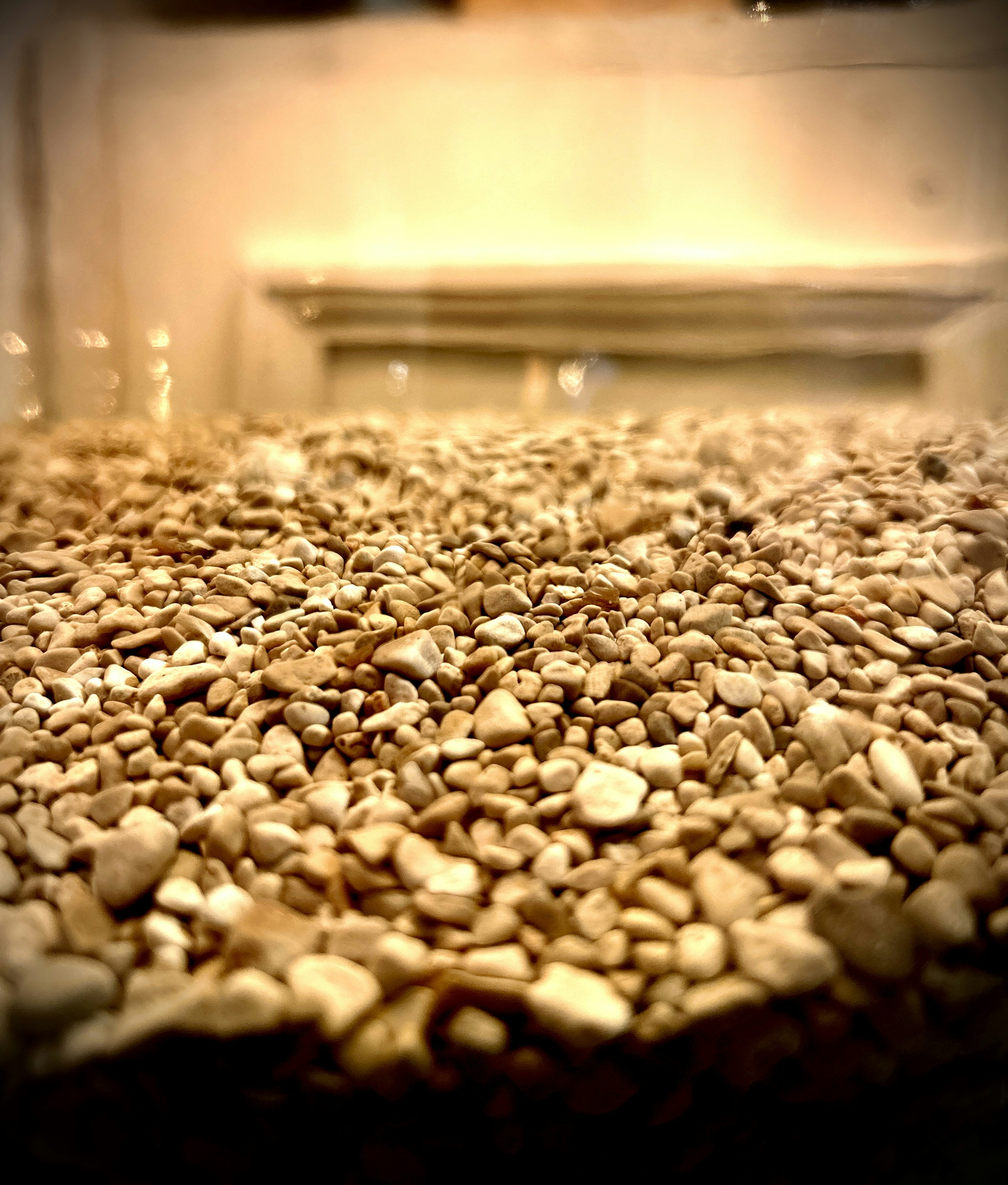 Un primer plano de un microondas con piedras
