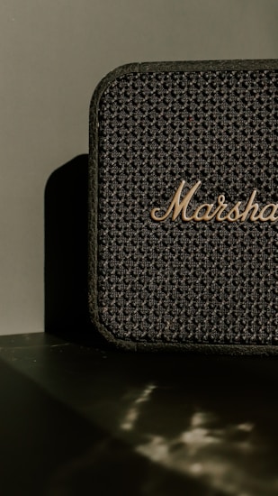 A vintage-style speaker with a textured black grille and metallic logo situated against a moody shadowed background.