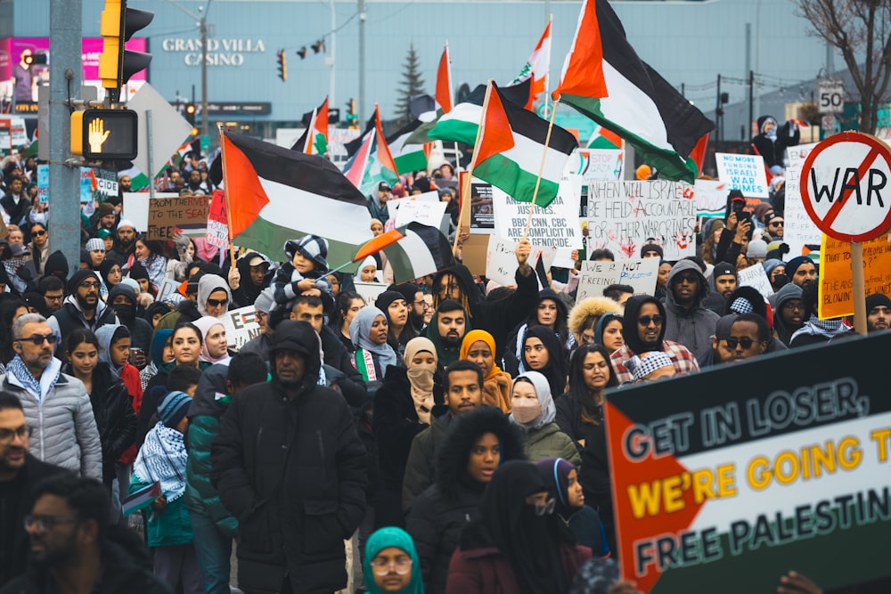 a large group of people holding flags and signs