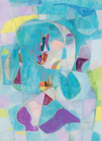 An artistic painting blending abstract shapes with scientific symbols