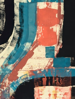 An abstract painting featuring bold, wide brushstrokes in black, blue, and red overlapping a textured beige surface. The composition is dynamic, with sweeping arcs and intersecting rectangles creating a sense of movement.