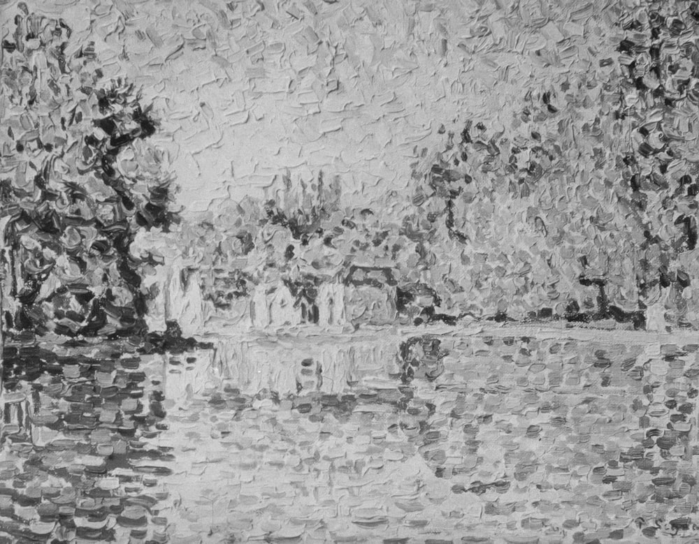 a black and white drawing of a lake