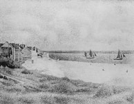 A seascape painting featuring a beach with buildings along the shoreline and sailboats in the ocean. The artwork uses a pointillism technique, creating a dotted texture throughout the scene. The horizon is visible, with a cloudy sky above and calm waters below.