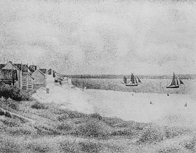 A seascape painting featuring a beach with buildings along the shoreline and sailboats in the ocean. The artwork uses a pointillism technique, creating a dotted texture throughout the scene. The horizon is visible, with a cloudy sky above and calm waters below.