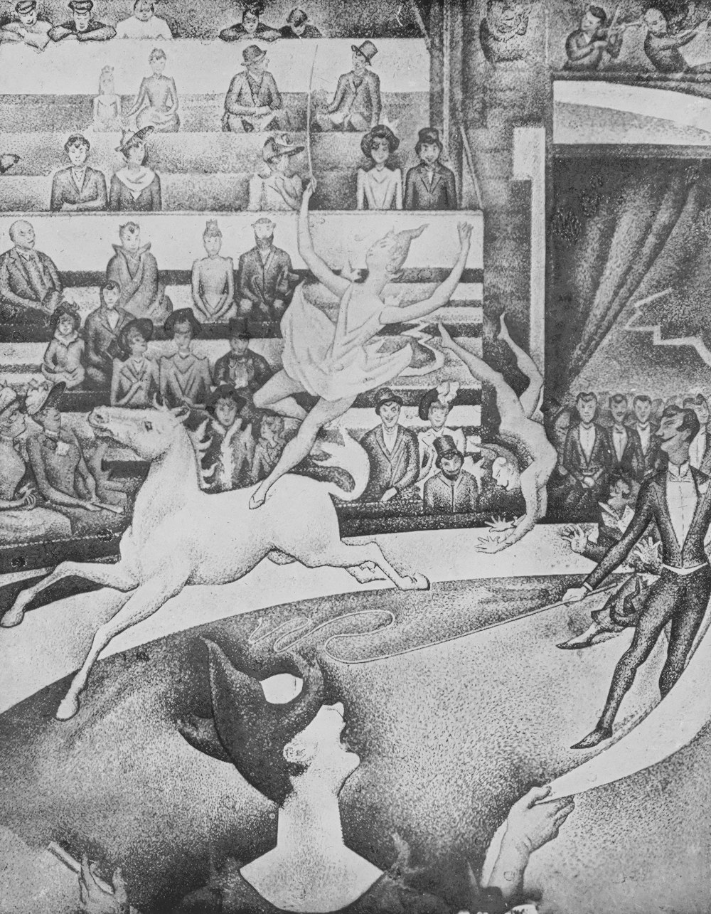 a drawing of a horse jumping over a crowd of people