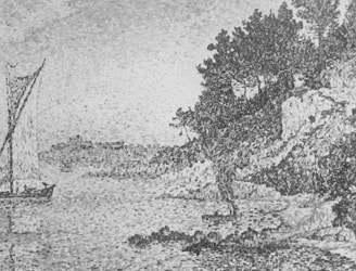 A monochrome landscape depicts a serene coastal scene with a sailboat on the left and a rugged, tree-lined shore on the right. The water is speckled with small brush strokes, suggesting ripples or waves. Trees grow densely on the hillside, and distant landmasses are visible across the water.