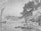 A monochrome landscape depicts a serene coastal scene with a sailboat on the left and a rugged, tree-lined shore on the right. The water is speckled with small brush strokes, suggesting ripples or waves. Trees grow densely on the hillside, and distant landmasses are visible across the water.