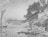 A monochrome landscape depicts a serene coastal scene with a sailboat on the left and a rugged, tree-lined shore on the right. The water is speckled with small brush strokes, suggesting ripples or waves. Trees grow densely on the hillside, and distant landmasses are visible across the water.