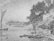 A monochrome landscape depicts a serene coastal scene with a sailboat on the left and a rugged, tree-lined shore on the right. The water is speckled with small brush strokes, suggesting ripples or waves. Trees grow densely on the hillside, and distant landmasses are visible across the water.