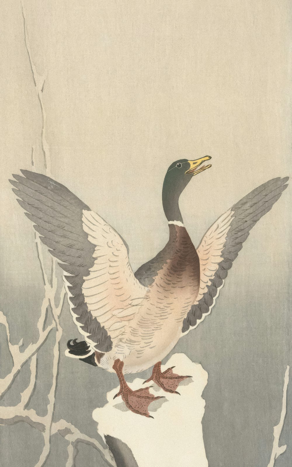 a painting of a duck on top of a tree branch