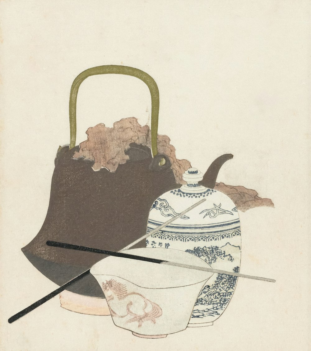 a drawing of a tea pot and a tea kettle