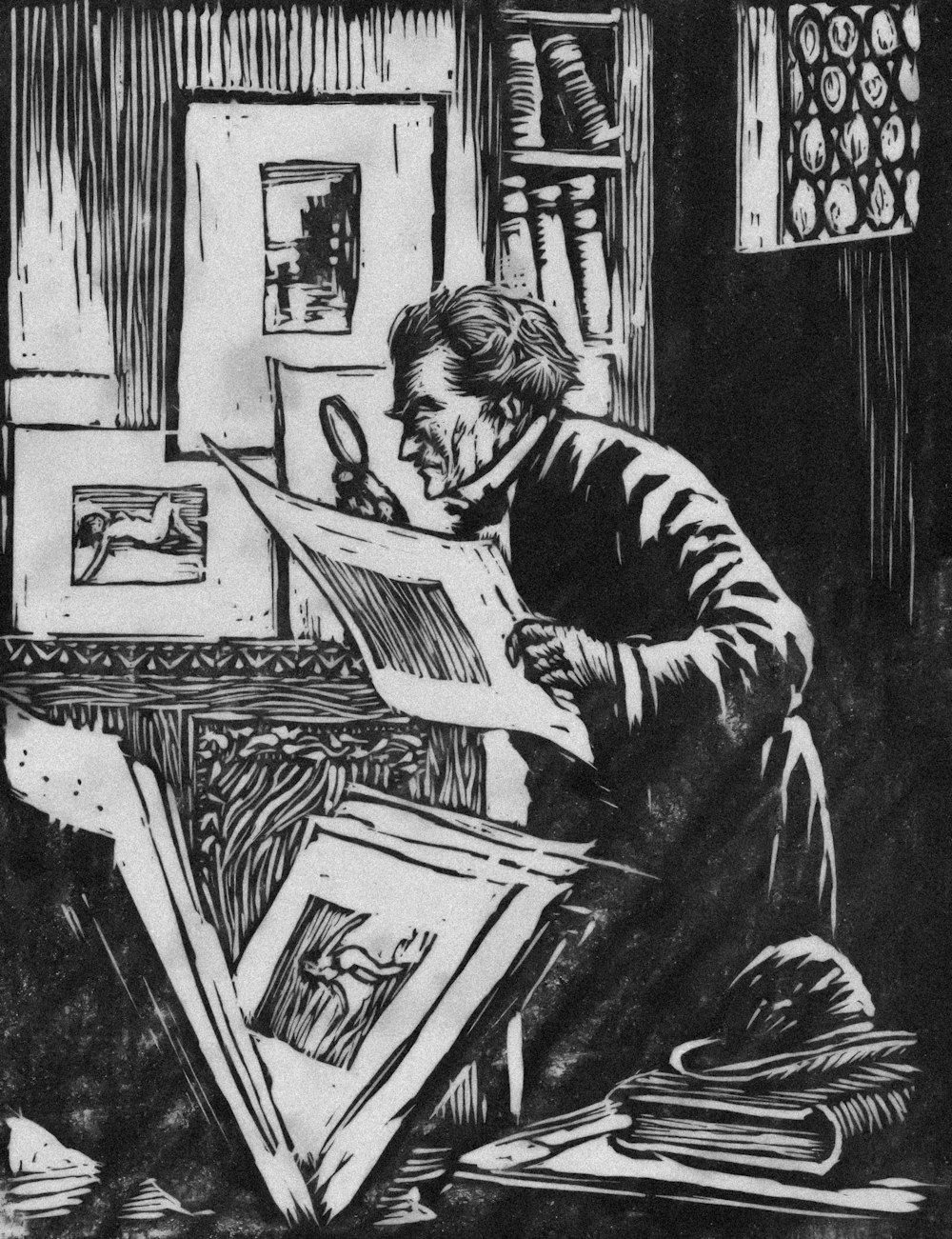a black and white drawing of a man working on a piece of art