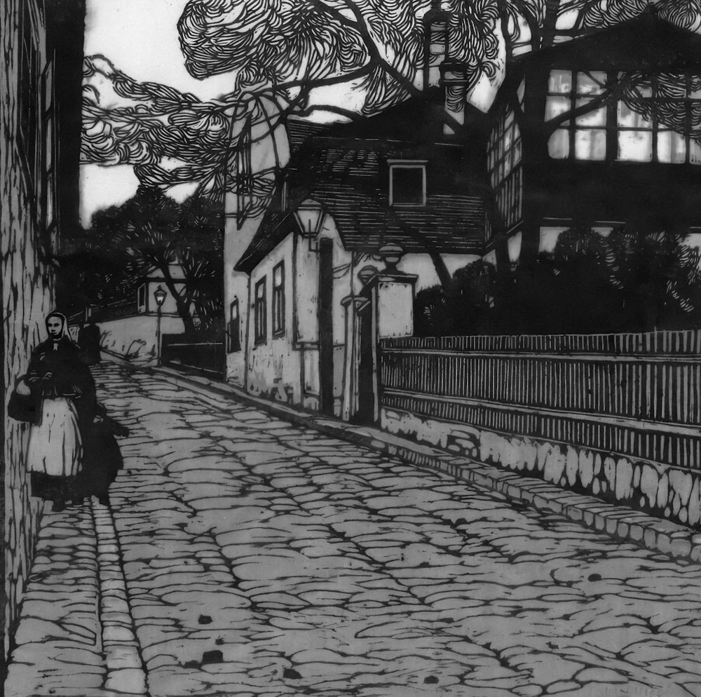 a drawing of a person walking down a street