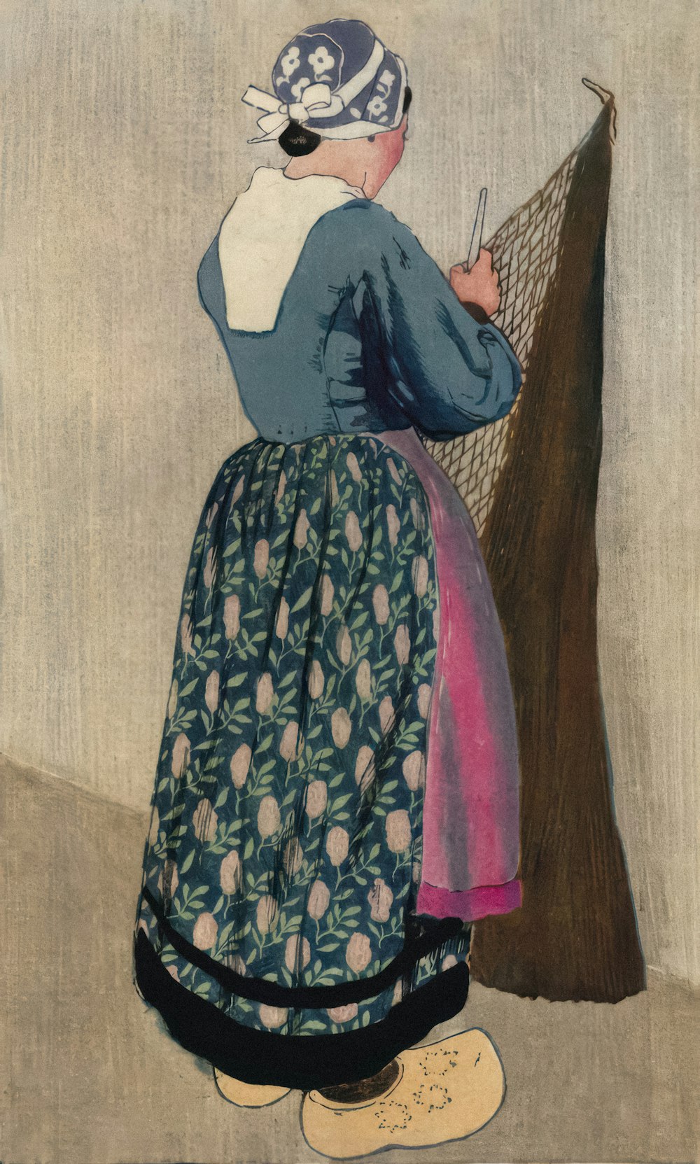 uma pintura de uma mulher em um vestido azul