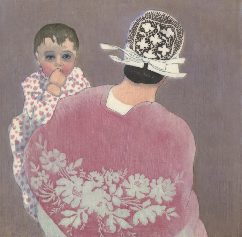uma pintura de uma mulher segurando uma criança