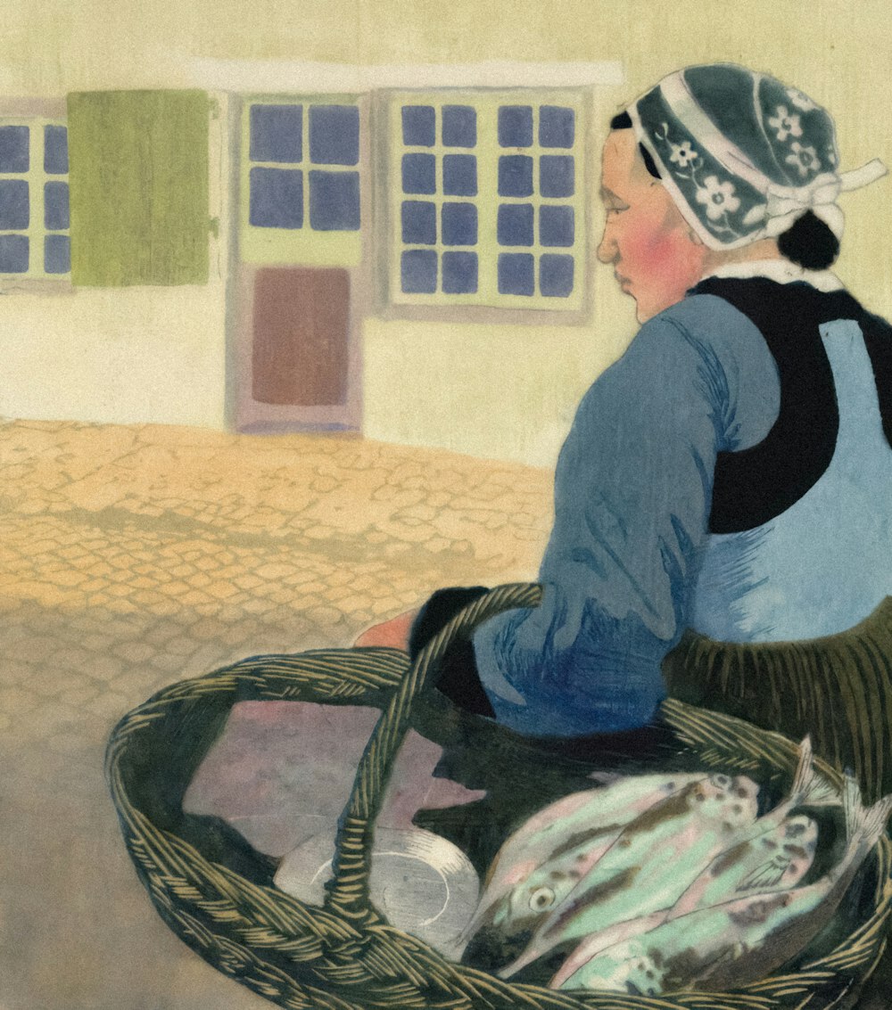 uma pintura de uma mulher sentada em uma cesta com peixes