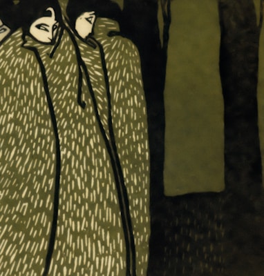 Several stylized figures are depicted with geometric patterns and abstract faces, wrapped in flowing cloaks. The scene is characterized by simplified shapes and muted tones.