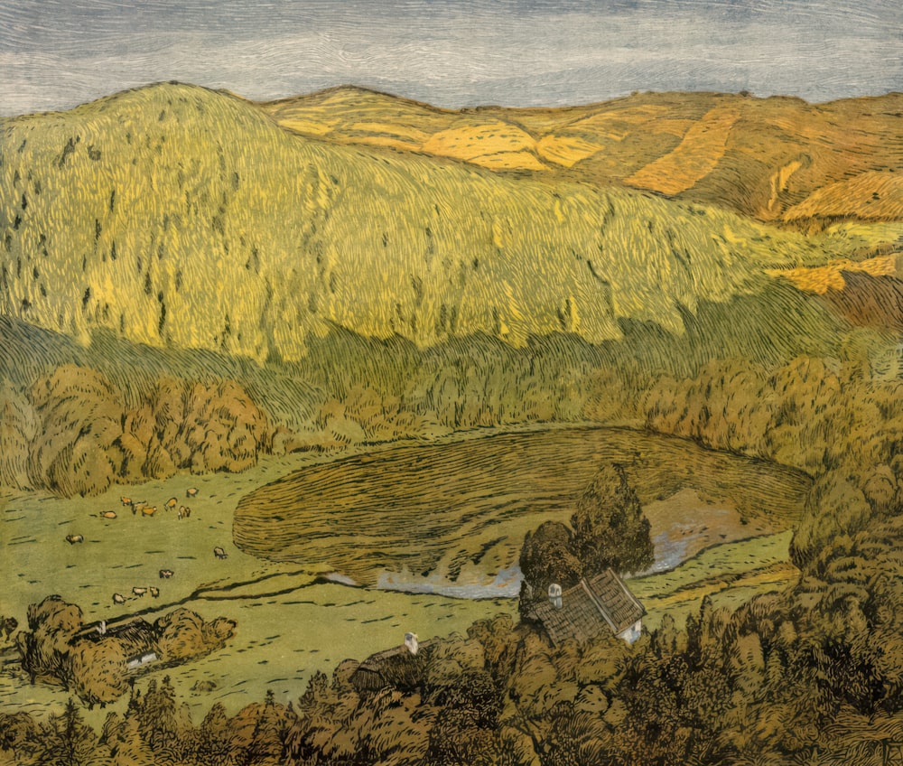 a painting of a hilly area with a river running through it