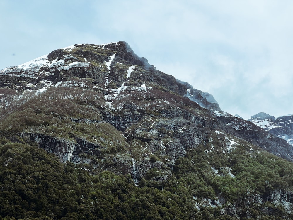 a mountain covered in snow and surrounded by trees