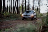 A spacious SUV driving through a forested mountain trail.