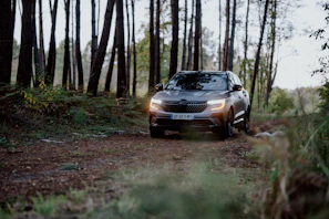 A white SUV with black accents driving through a forest trail.