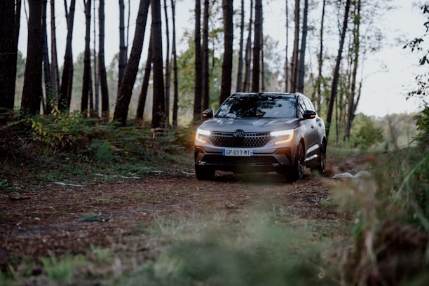 A spacious silver SUV driving through a forest road.