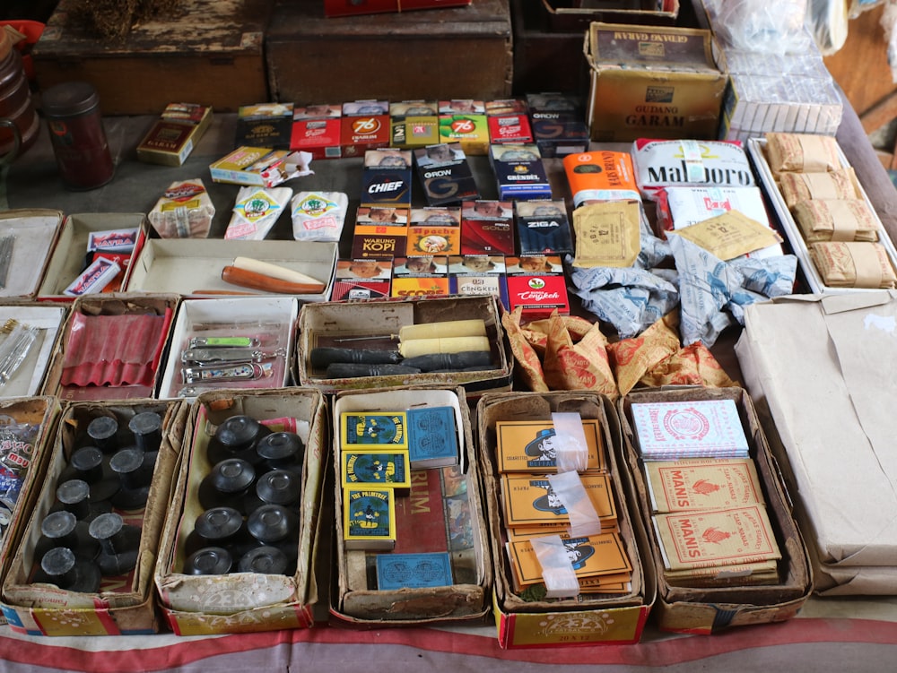 a table with many different types of items on it