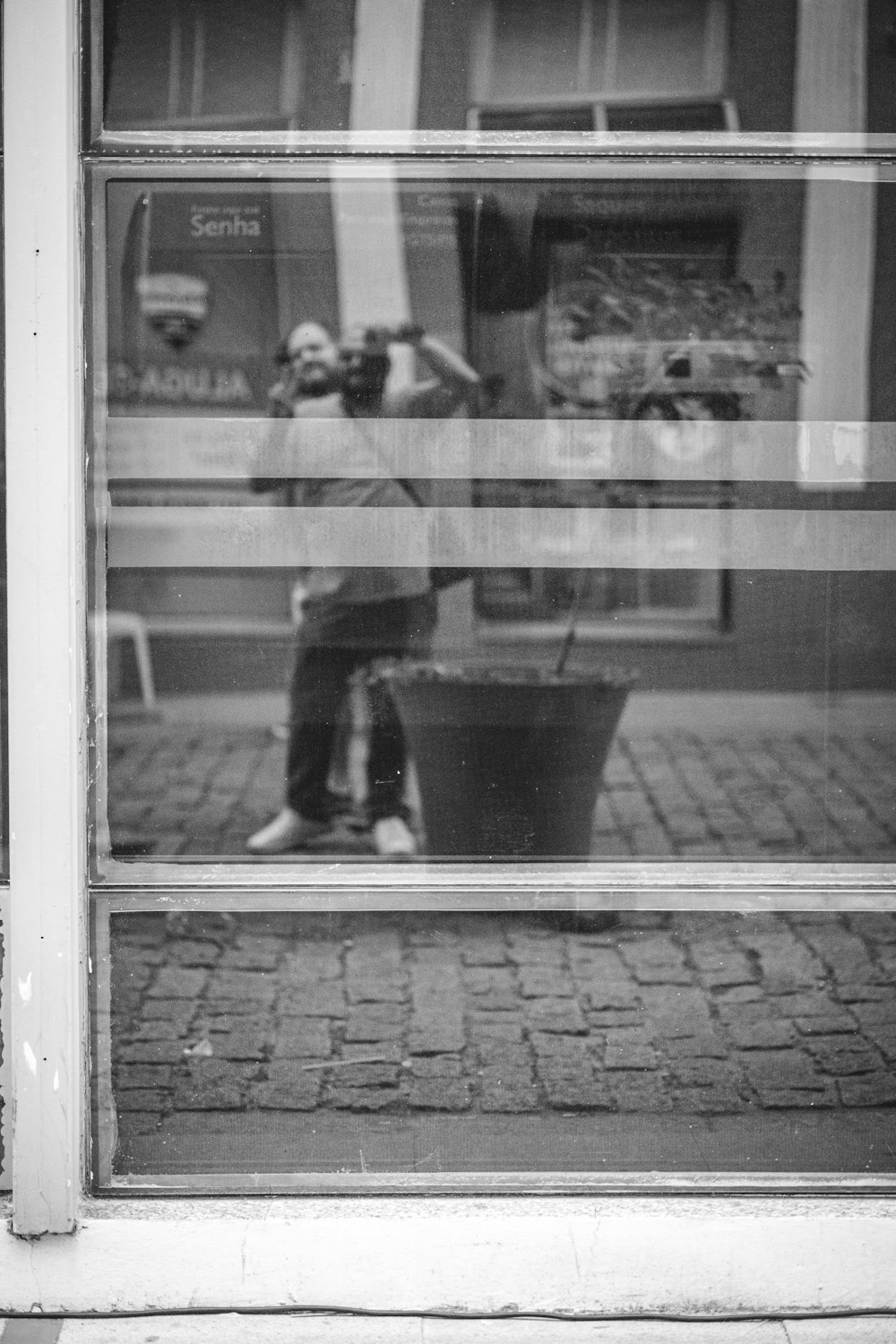 a reflection of a man and a dog in a window