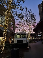 A food truck is parked on a dimly lit street, surrounded by trees wrapped in warm, white fairy lights. The sky is transitioning from dusk to night, displaying hues of blue and pink. Nearby buildings are visible with glass windows and signs.