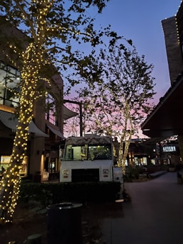 A food truck is parked on a dimly lit street, surrounded by trees wrapped in warm, white fairy lights. The sky is transitioning from dusk to night, displaying hues of blue and pink. Nearby buildings are visible with glass windows and signs.