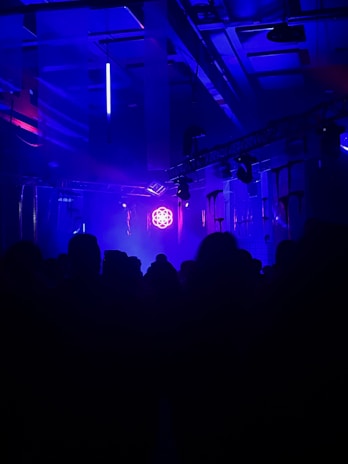 A dark room filled with silhouetted figures, illuminated by vivid blue and purple lighting. The ceiling features exposed structures and hanging fixtures. Bright neon lights cast an atmospheric glow, creating a dynamic and immersive setting.
