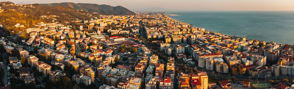 a bird's eye view of a city by the ocean