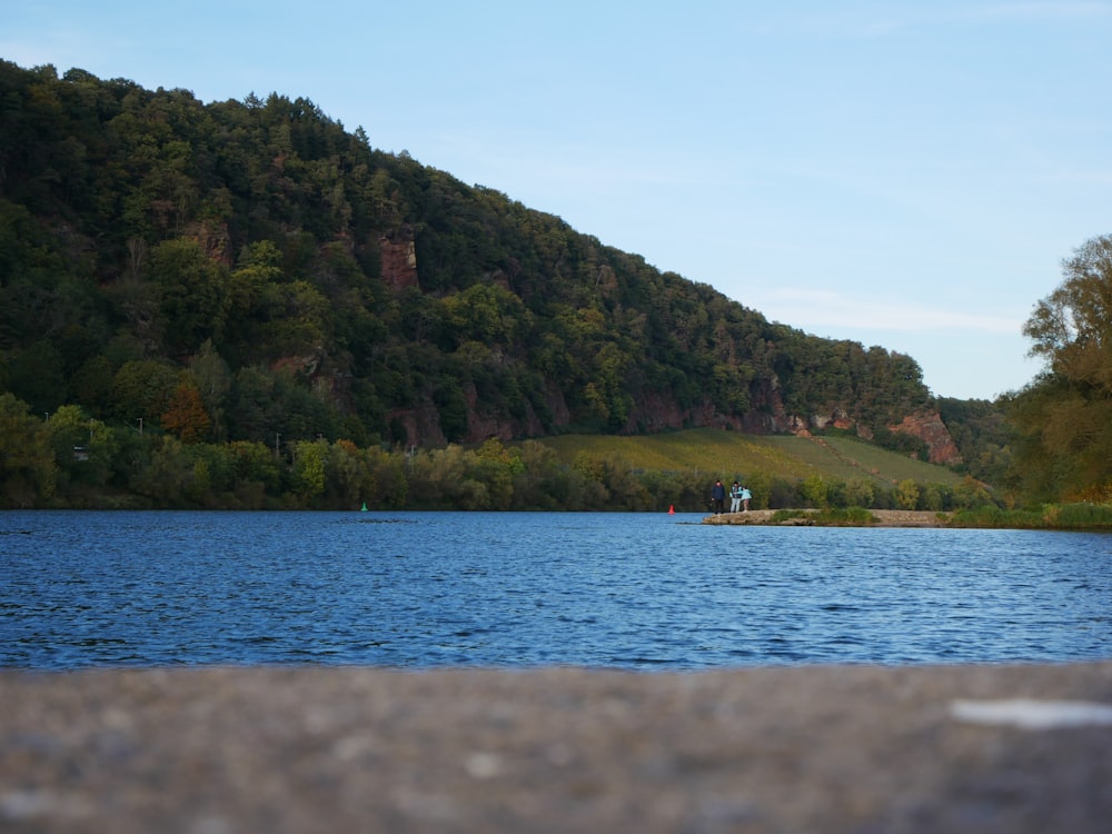 a large body of water surrounded by a lush green hillside