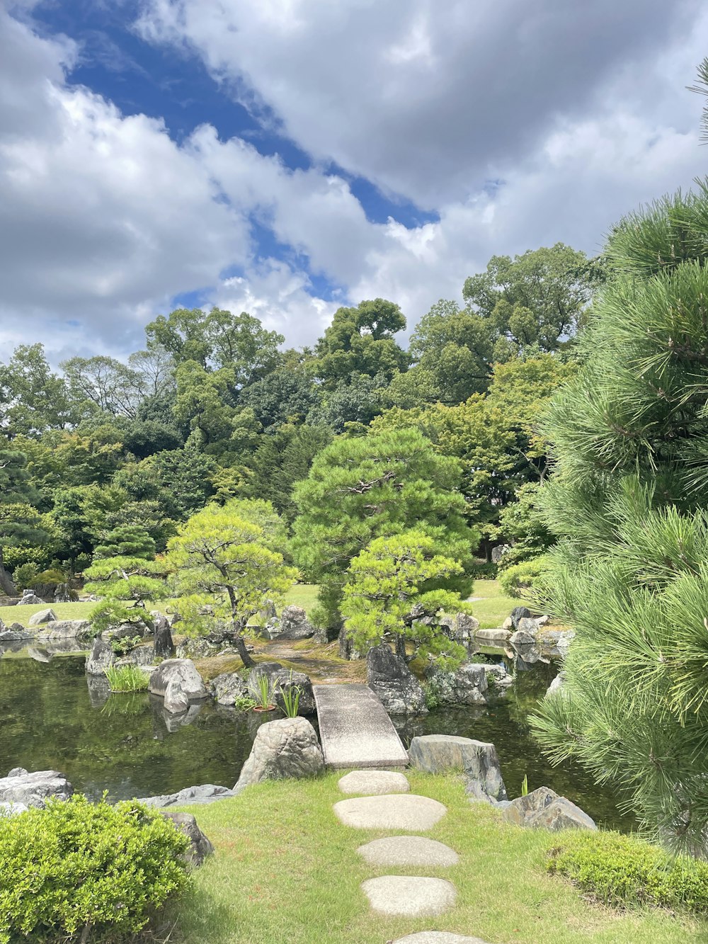 a path leading to a pond in a japanese garden