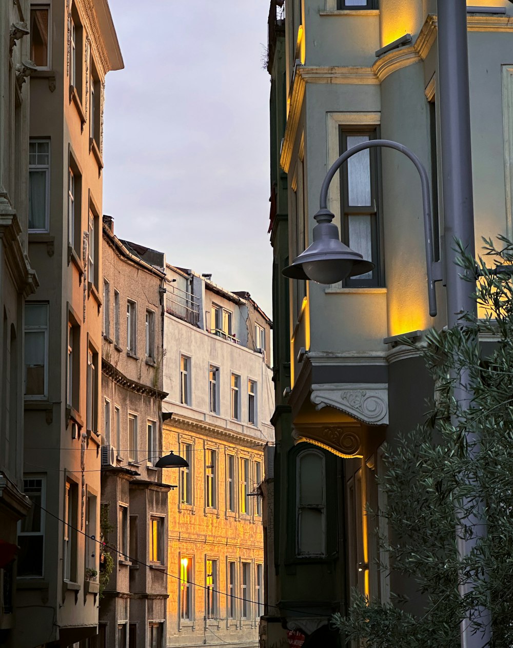 a street with buildings and a street light