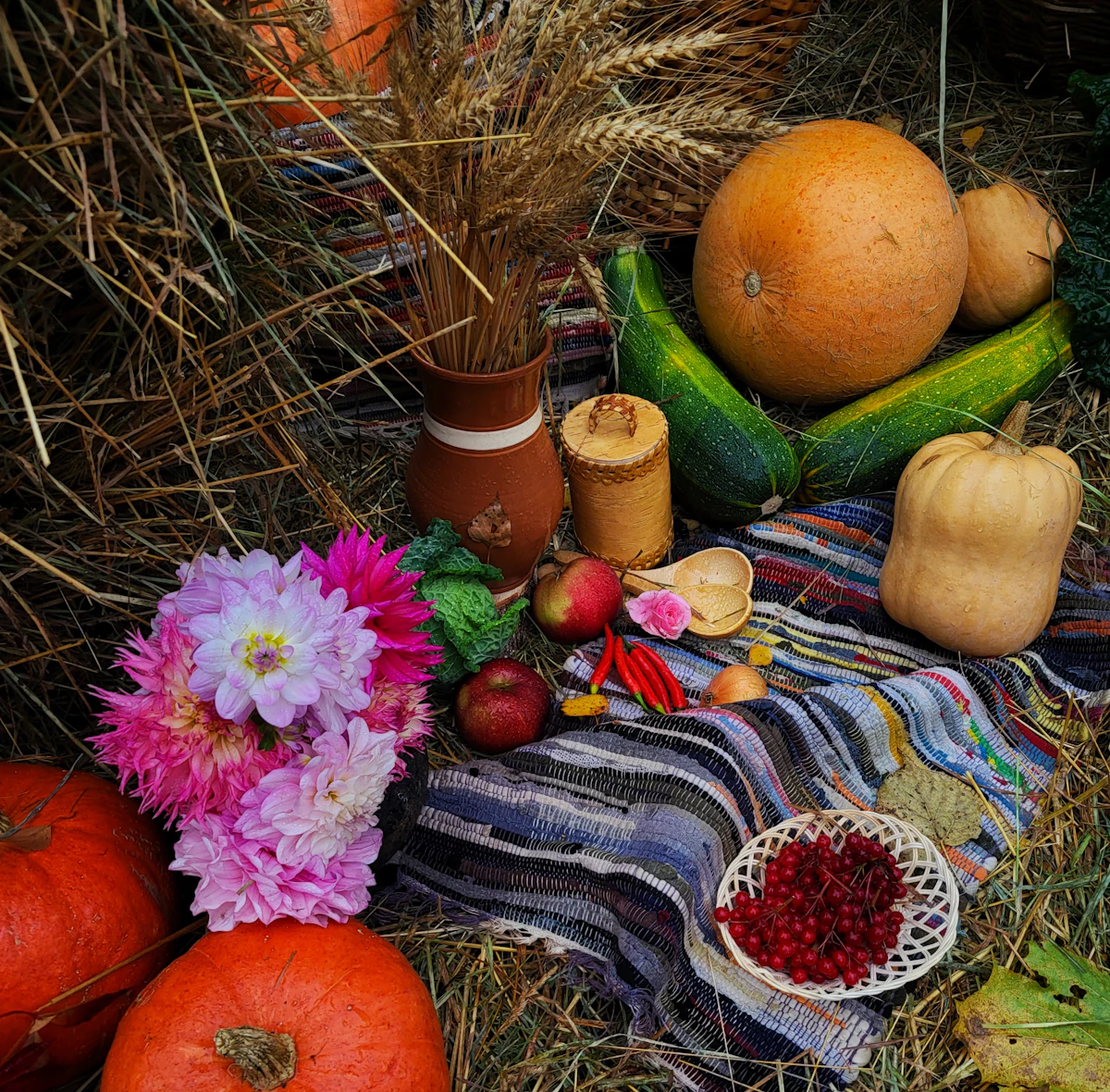 A table of autumn fruits and vegetables