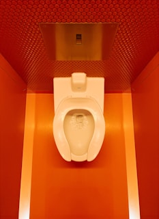a white toilet sitting in a bathroom next to a red wall