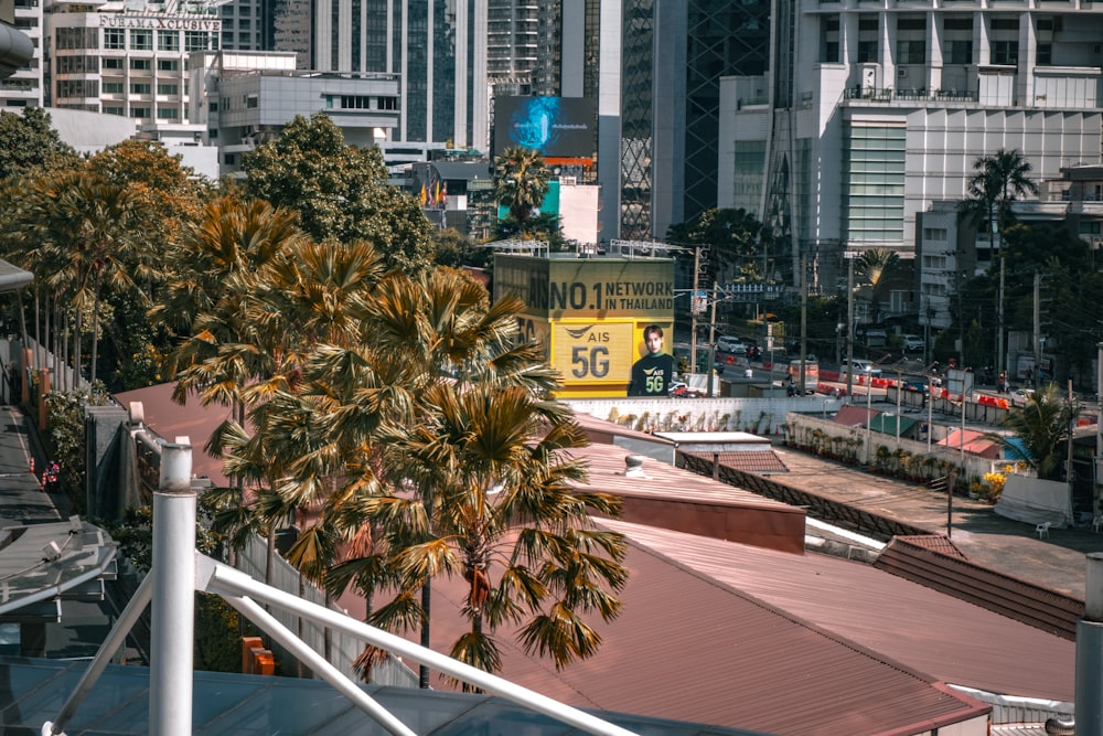 a view of a city with tall buildings and palm trees