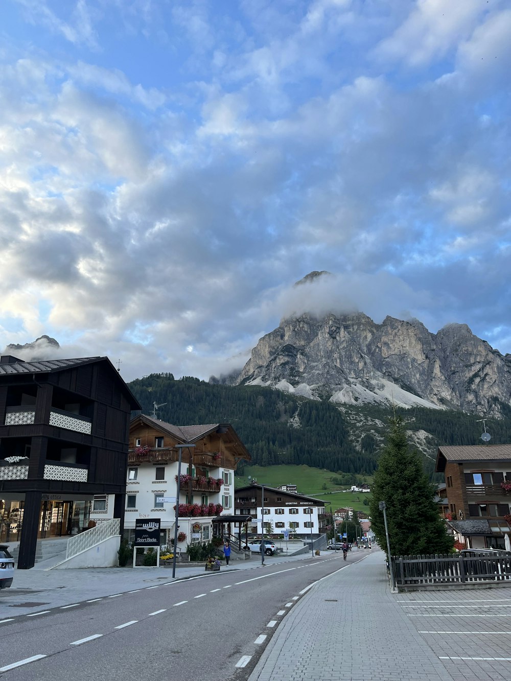 a town with a mountain in the background