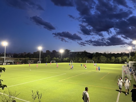 Brightly lit soccer field with a game in progress, surrounded by trees and buildings in the background. The players wear distinct uniforms in blue and pink. Evening sky with dark clouds creates a contrasting backdrop.