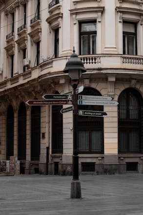 An urban street scene in front of a classic, multi-story building with ornate architectural details. The building has large windows with black grills, balconies, and cream-colored walls. A lamppost stands prominently in the foreground, with multiple signs pointing in various directions, indicating tourist attractions and locations in both English and another language (likely Serbian). The street appears empty and there is minimal activity.