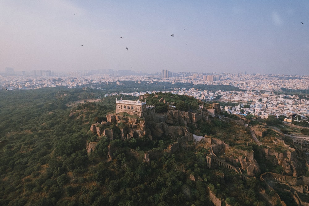 a bird's eye view of a city on a hill