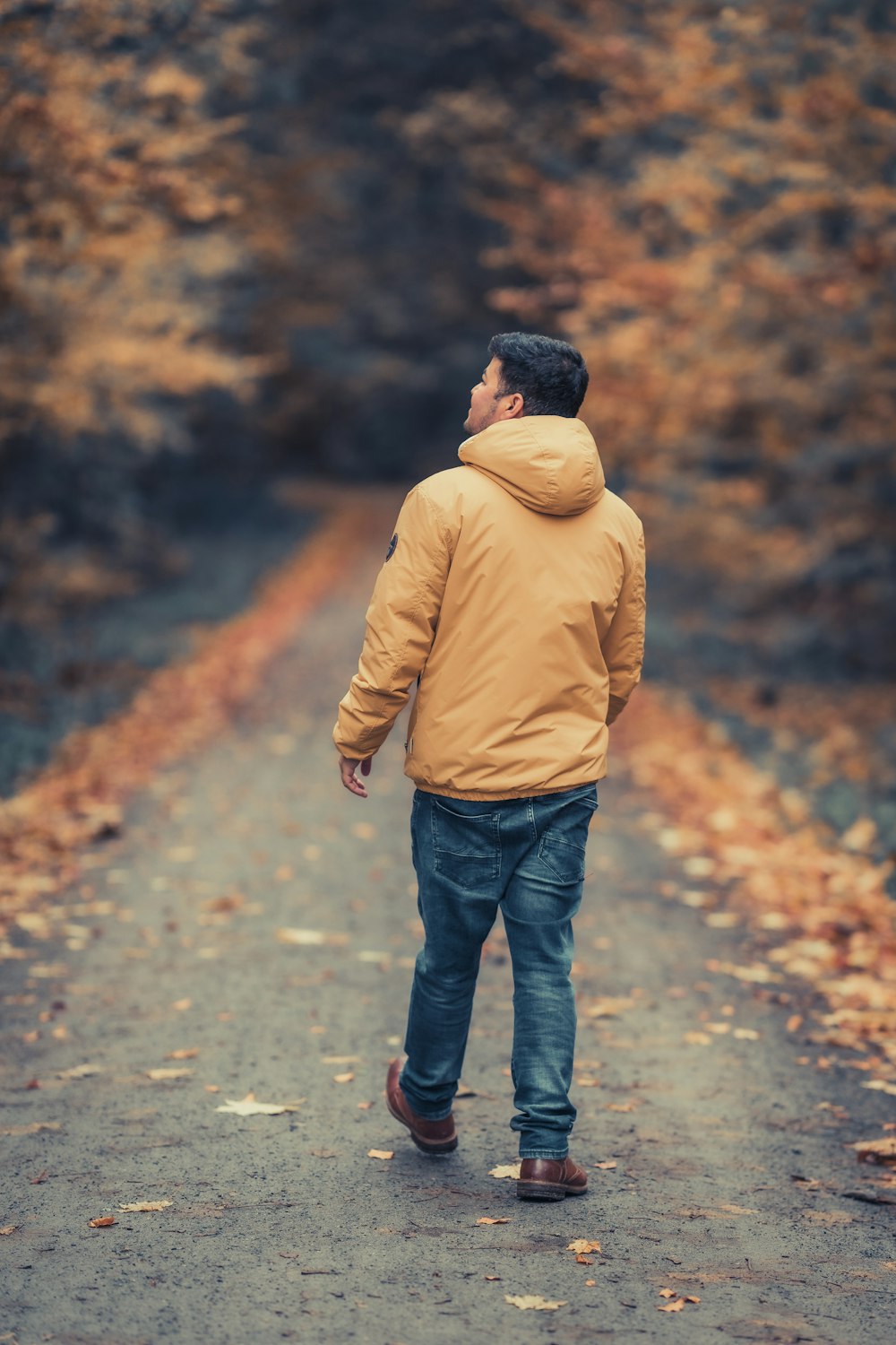 a man walking down a road in the woods